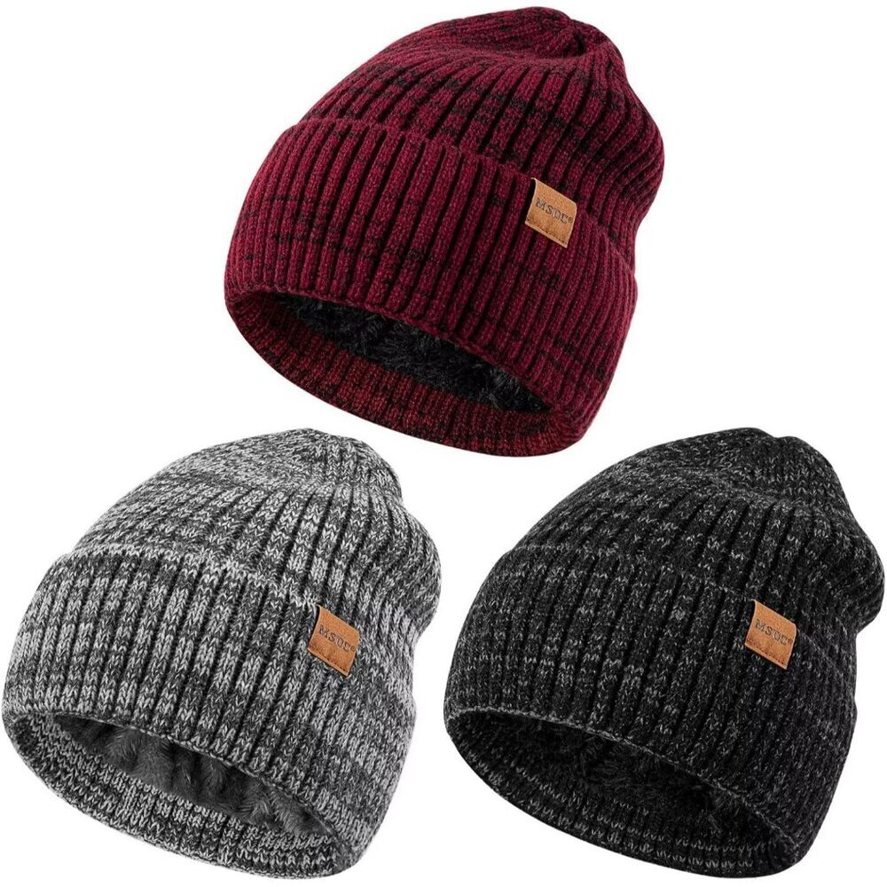 Unisex Black  Burgundy Warm Fleece-Lined Knit Beanie Skull Cap for Cold Weather